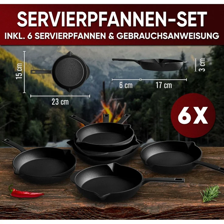 6er Mini-Pfannen-Set aus Gusseisen Ø 13,5 cm – Servierpfannen für Induktion, Grill & Backofen, hitzebeständig und vielseitig – Bild 2