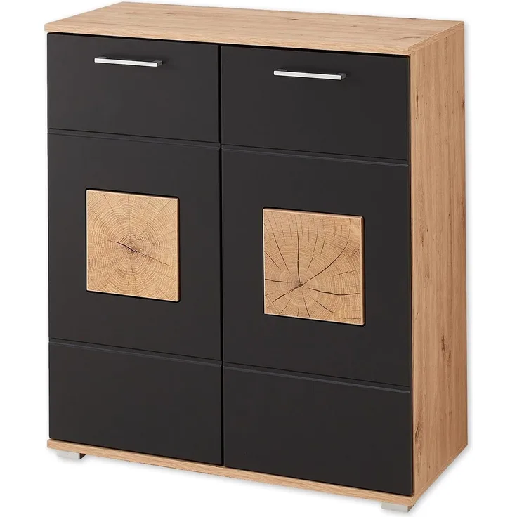 Stella Trading Schuhschrank in Schwarz, Artisan Eiche Optik mit Hirnholz-Applikationen - Modernes Schuhregal mit viel Stauraum für Ihre Schuhe - 84 x 95 x 38 cm (B/H/T)