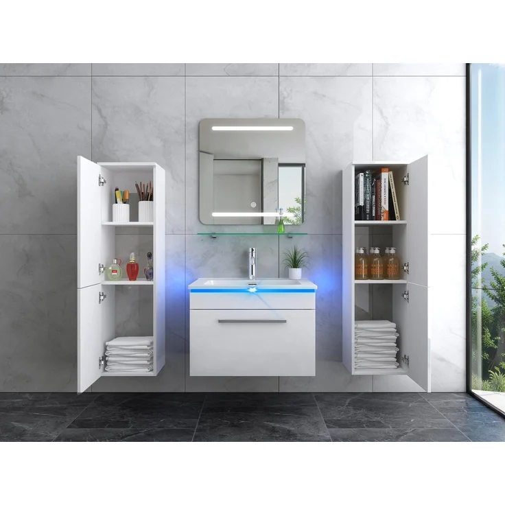 Faizee Möbel Badmöbel-Set Badmöbel- Set Schwarz/Weiß/Königsblau Keramik/Granit 120 cm, (Komplett-Set, 5-St), badmöbel set 120cm komplett Set LED-Spiegel mit Touch-Funktion – Bild 1