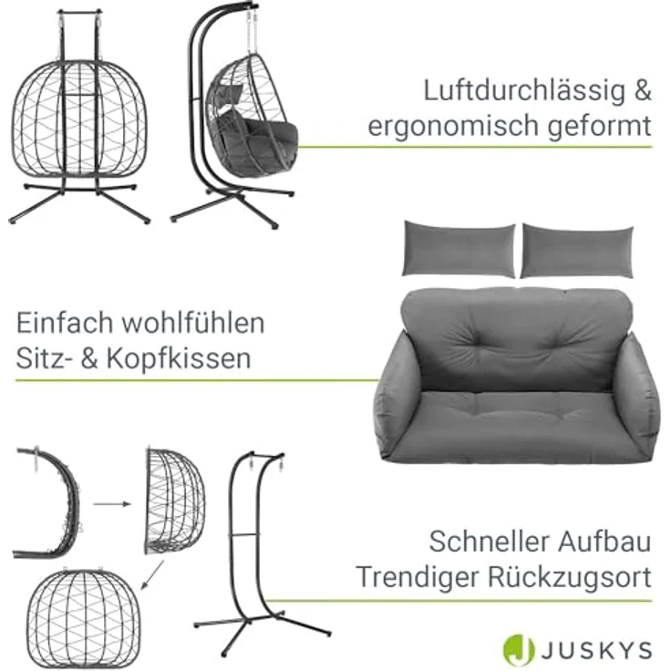 Juskys Doppelhängesessel Aria - Polyrattan Hängesessel mit Gestell & Kissen - Schaukel für zwei Personen - Outdoor Indoor Sessel - XXL Korb Grau – Bild 6