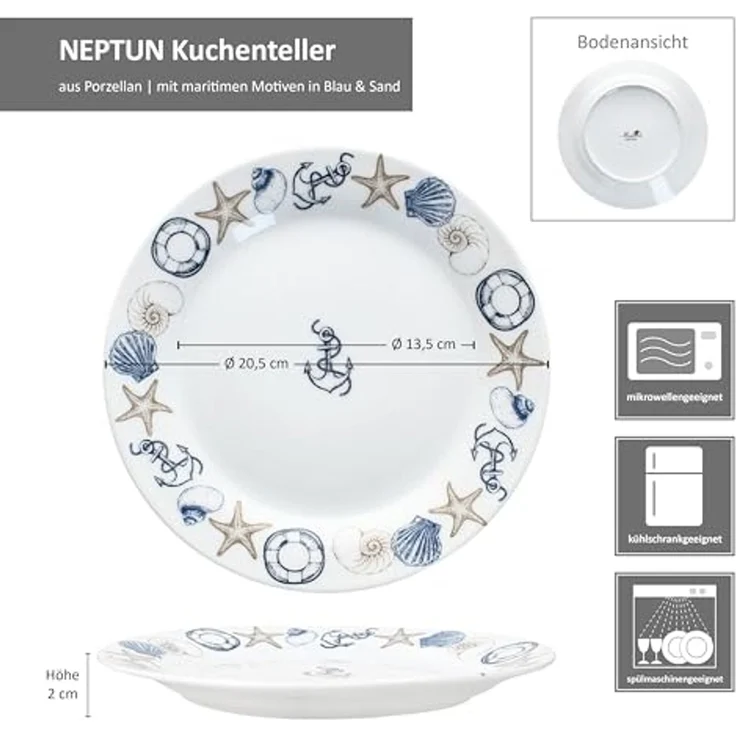 MamboCat Frühstücksteller Neptun 6er Set Kuchenteller Porzellan Dessert-Teller maritim Anker – Bild 6