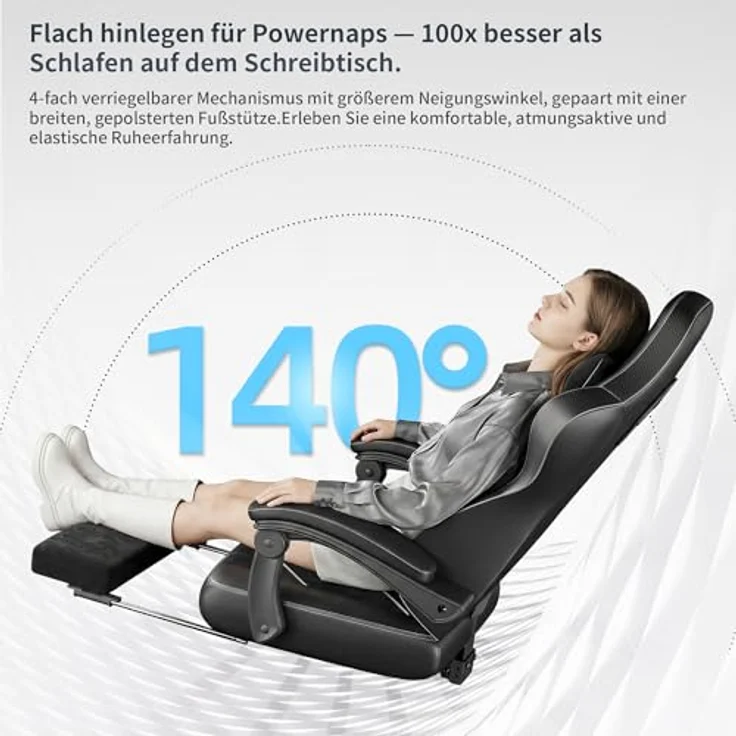 JUMMICO Gaming Stuhl Stoff Ergonomisch für Langzeitkomfort, Bürostuhl mit Fußstütze & Dynamischer Lordosenstütze, Atmungsaktiver Schreibtischstuhl für Gaming & Homeoffice, 150kg, Schwarz – Bild 9