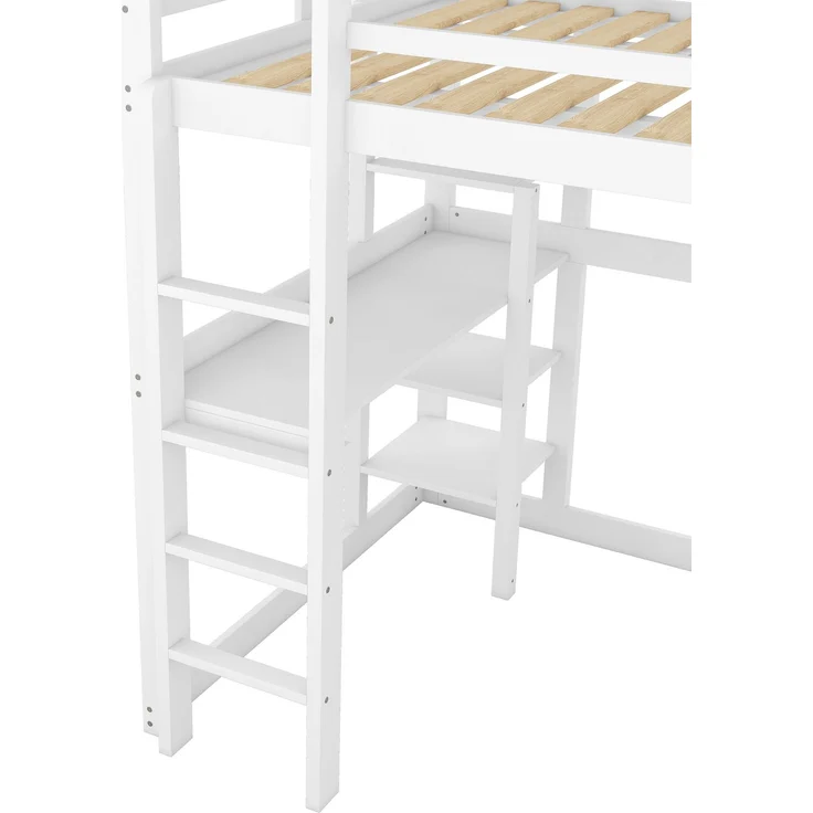 Hochbett 140x200 cm mit Schreibtisch und 4 Ablagefächern, Kinderbett Doppelbett aus massivem Kiefernholz,mit Stauraum,Weiß – Bild 10