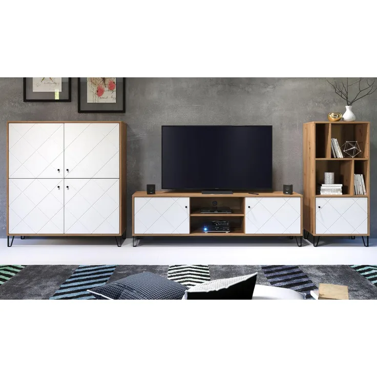 Wohnwand 'Touch' 3-teilig in weiß matt und Eiche Artisan 399x136 cm