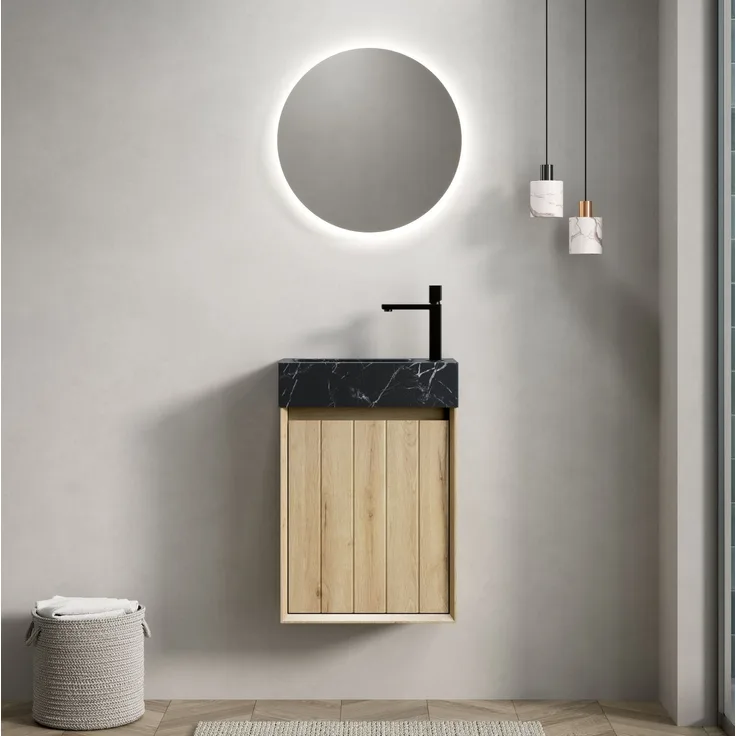 Wandwaschtisch 40 cm mit Naturmarmorbecken und Unterschrank in Weiß-Eiche-Optik