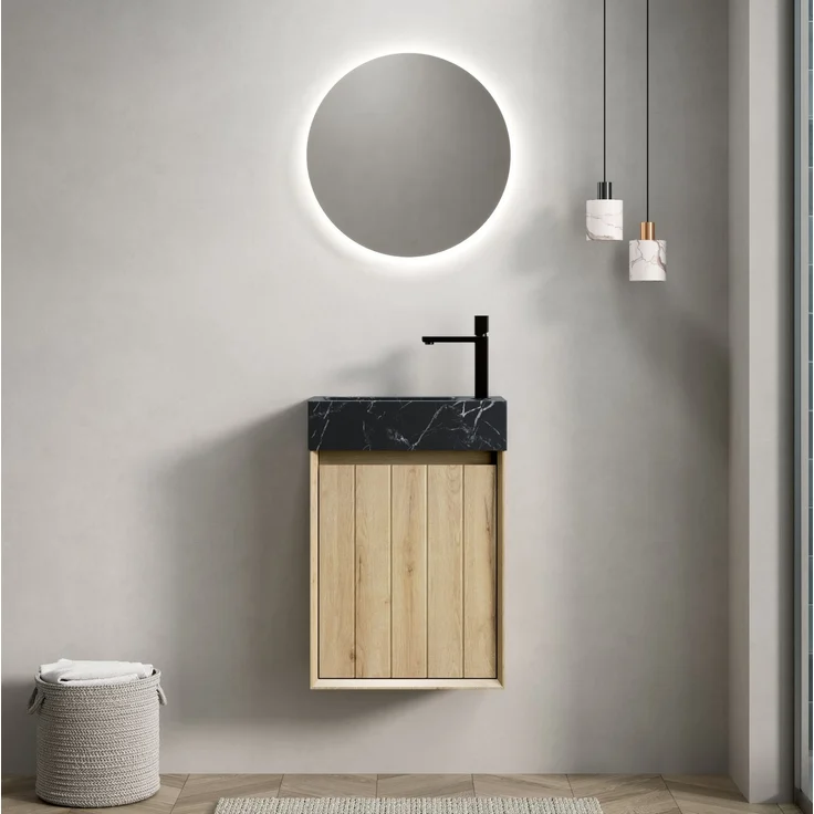 Wandwaschtisch 40 cm mit Naturmarmorbecken und Unterschrank in Weiß-Eiche-Optik – Bild 1