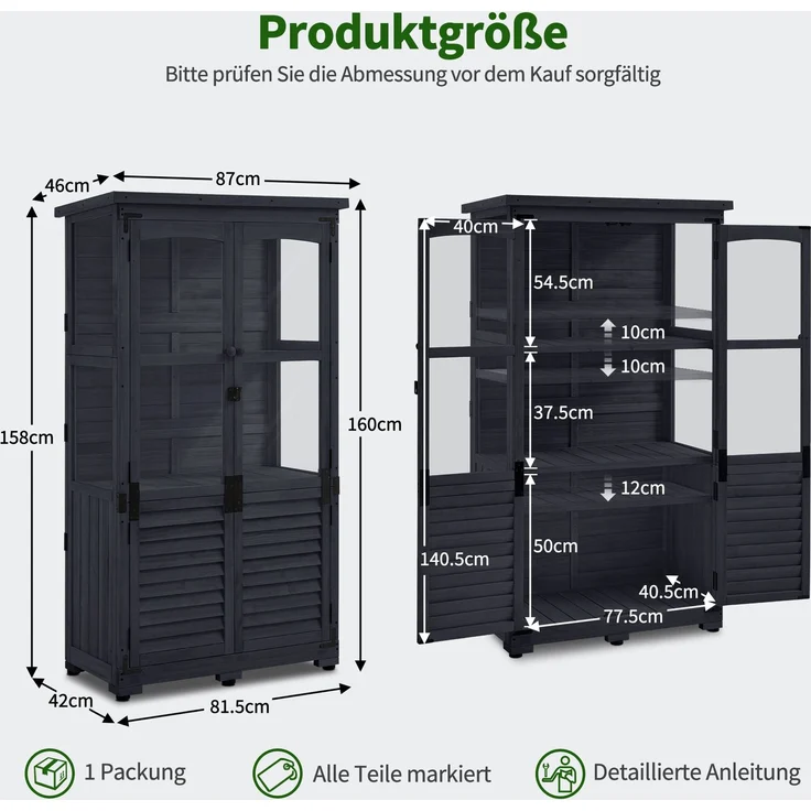M MCombo Gartenschrank Holz, Gerätehaus Wetterfest Klein, Outdoor Gartenhaus Geräteschuppen für Außenbereich Terrasse Balkon, 0120 (Anthrazitgrau) – Bild 3