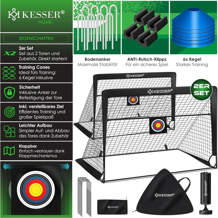 KESSER Pop-Up Fußballtor, 2er Set, mit Transporttasche, 6x Hütchen, Ballpumpe & Zielscheibe, Glasfaserstangen, 120x90 cm, Schwarz – Bild 2