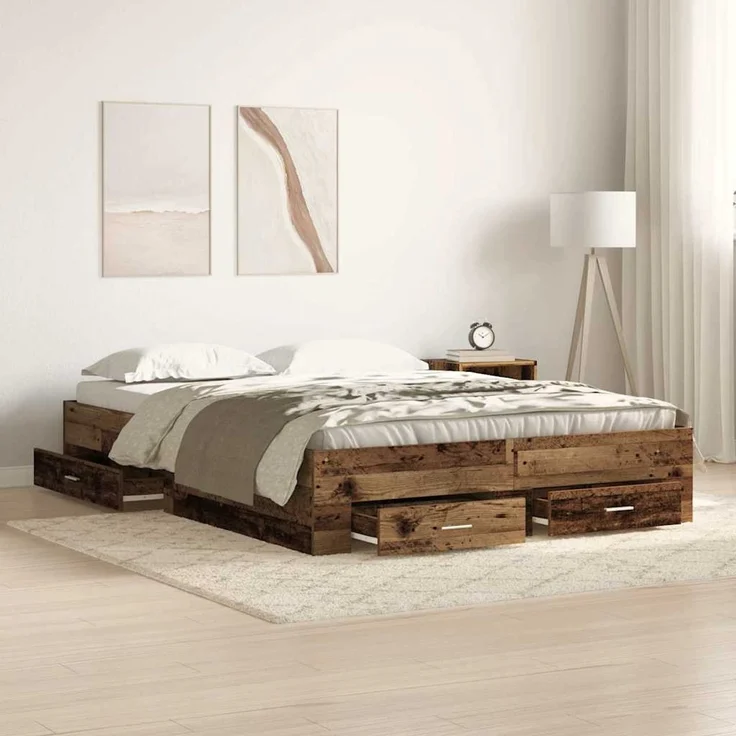 vidaXL Bettrahmen mit Schubladen Altholz 135 x 190 cm Holzwerkstoff 3333975 – Bild 1