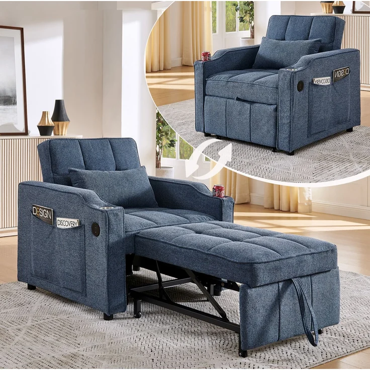 Schlafsessel mit Stoffbezug, USB-Anschluss & Bettfunktion, 190 cm Liegefläche, Navyblau – Bild 4