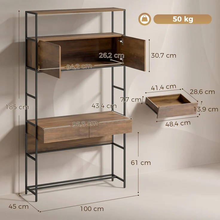 MELAYR, Computertisch mit Regalen und 2 Schubladen für das Home Office, 185 cm hoch, Braun Holzoptik – Bild 5