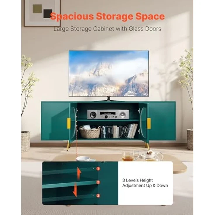 VEVOR TV-Ständer für Fernseher bis zu 75 Zoll, TV Tisch mit Glastüren, TV-Schrank mit goldenen Beinen & verstellbaren Regalen, Konsolentisch Fernsehschrank für Wohnzimmer Schlafzimmer, Grün – Bild 5