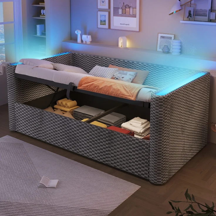 Schlafsofa mit Bettfunktion, Stauraum und LED-Beleuchtung 90x200 cm, Polsterbett, Jugendbett, Einzelbett, Samt – Bild 2