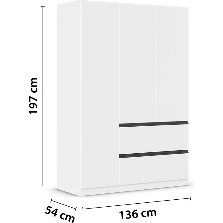 rauch Kleiderschrank, Drehtürenschrank COSTA, 3-türig, 2 Schubkästen, push-to-open, Alpinweiß, 136 x 197 x 54 cm – Bild 4