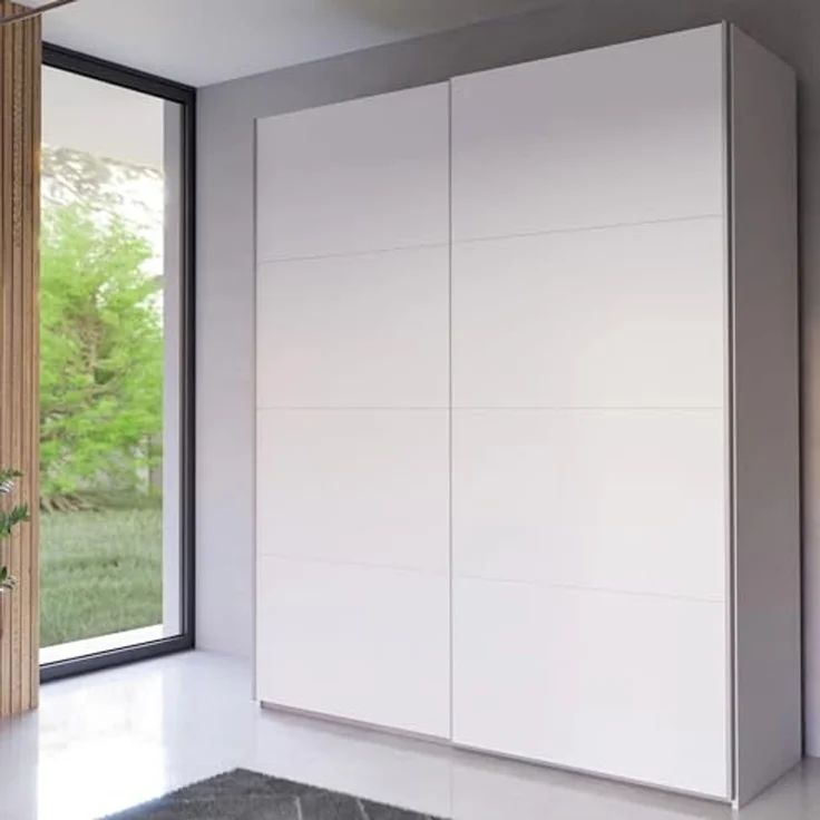 Forte Schach & MATT 2 weißer Kleiderschrank 170 180, moderner Schwebetürenschrank, 2-türig, Holzwerkstoff, Weiß Matt, 170,3 cm breit x 210,5 cm hoch x 61,2 cm tief – Bild 1
