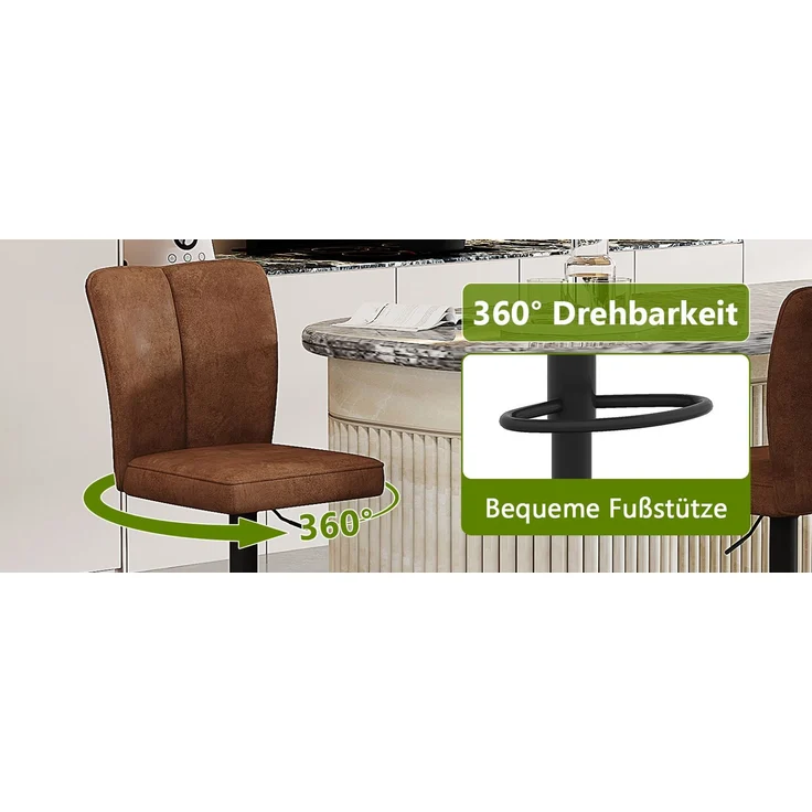 Höhenverstellbarer Barhocker im 2er-Set, 360° drehbar. Barhocker aus braunem, hochwertigem Technologie-Stoff mit schwarzen Metallbeinen. Geeignet für Kücheninseln. Verschiedene Farben erhältlich.--Braun + Schwarz--37x44x44.5cm--YOUDENOVA – Bild 3