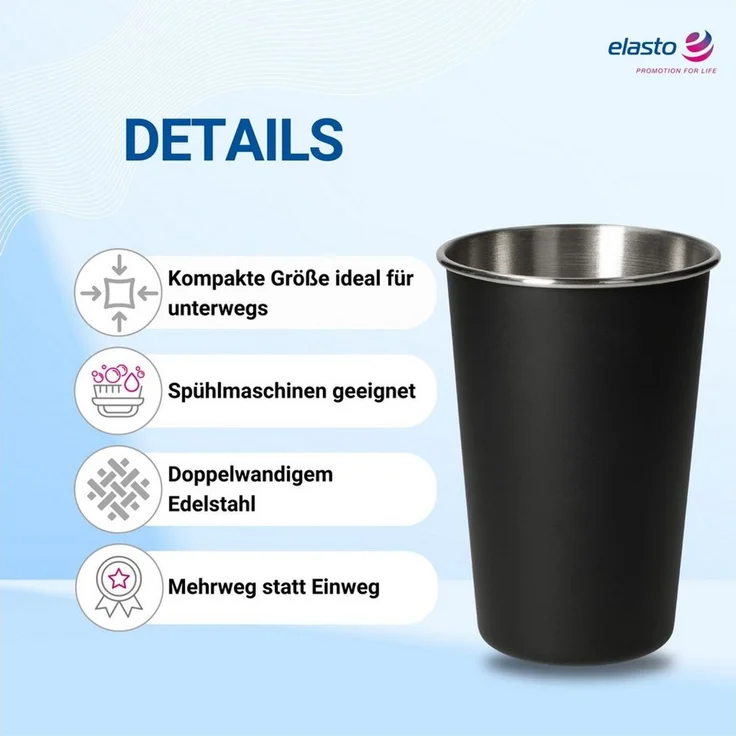 elasto Becher Edelstahl Trinkbecher to go 500 ml METALLO perfekt für unterwegs, Edelstahl, robust, camping geschirr, wandern, Becher für Partys – Bild 2