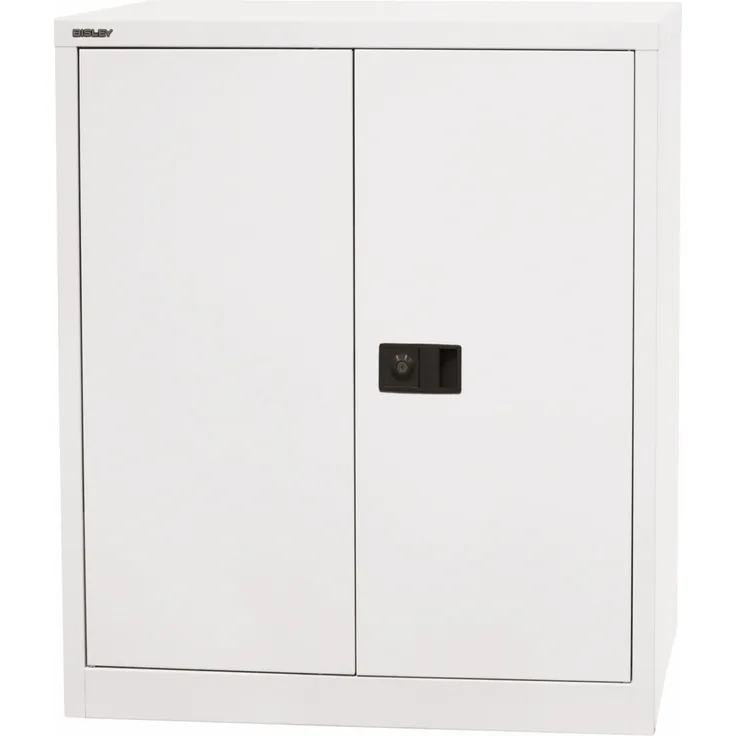 BISLEY Universal Flügeltürenschrank abschließbar - Stahlschrank mit 3-Punkt-Schloss & Flügeltüren - Aktenschrank aus Metall mit 1 Fachboden für 2 Ordnerhöhen - Farbe: verkehrsweiß, E402A01-696