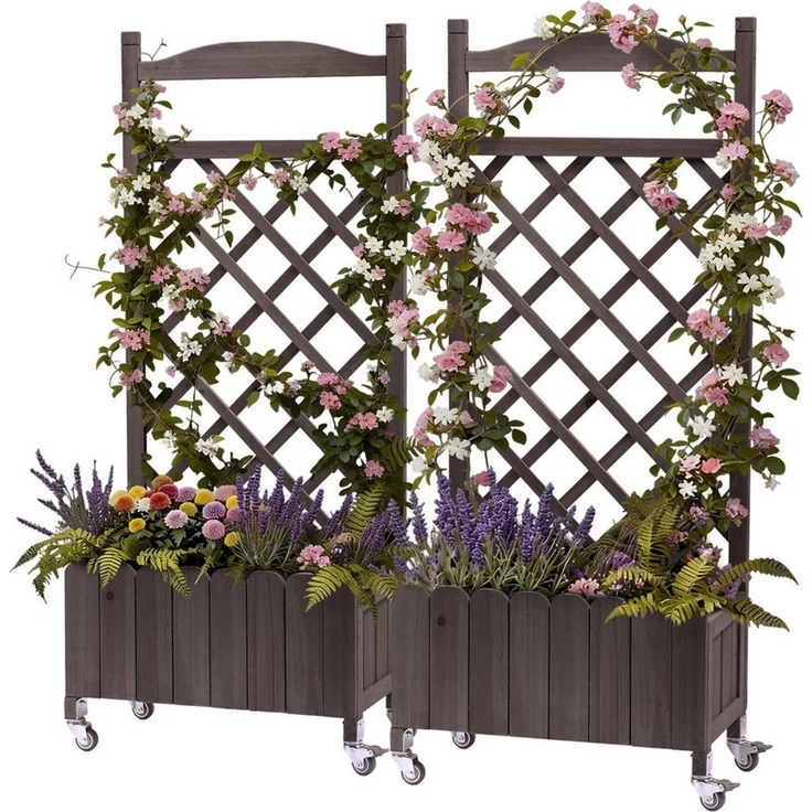 COMHOMA Blumenkasten Rankgitter Pflanzkasten mit Rollen, Holz Hochbeet mit Spalier (2 St), wetterbeständiger Pflanzenkübel mit Drainagelöchern – Bild 5
