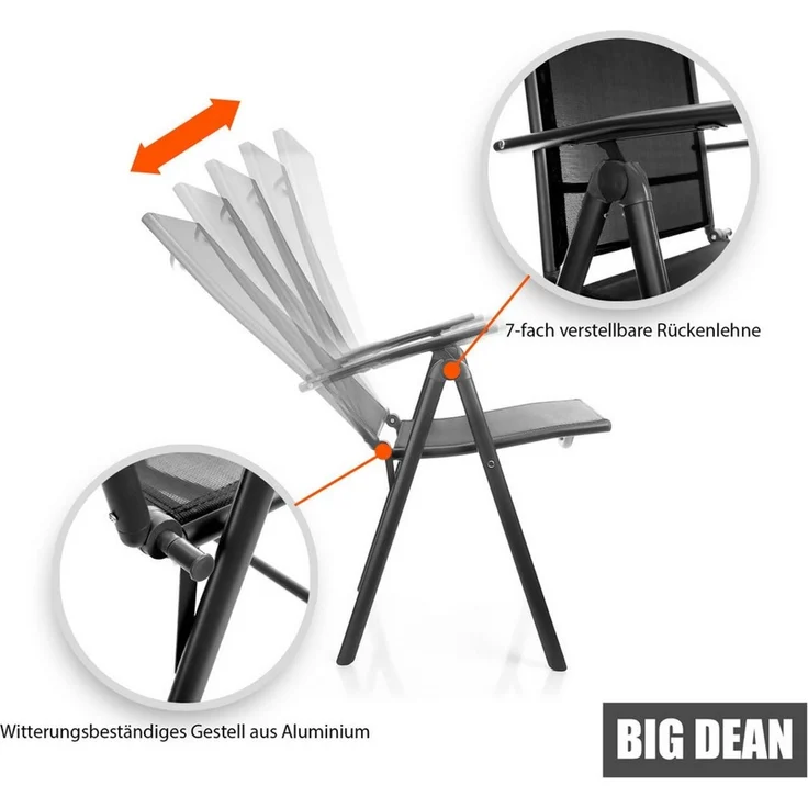 BigDean 2 Stück Gartenstühle 120 kg belastbar Balkonstühle Gartenstuhl - Klappstuhl mit 7-Fach Verstellbarer Rückenlehne – hochwertiger Campingstuhl für Balkon, Garten & Terrasse – dunkelgrau/schwarz – Bild 3