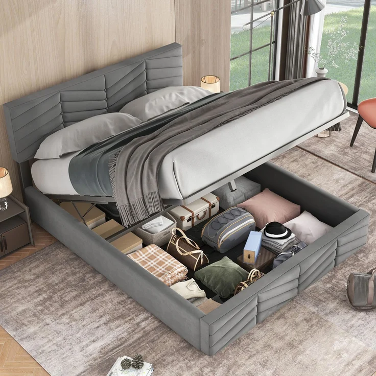 Novelux Polsterbett 140x200 mit Stauraum & höhenverstellbarem Kopfteil – Samt Grau, hydraulisches Doppelbett mit Lattenrost, ohne Matratze – Bild 4