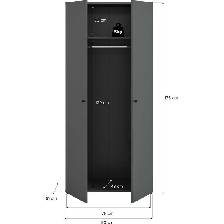 Kleiderschrank 2-türig (B/H/T: 80x176x51 cm) in anthrazit Nachbildung – Bild 4