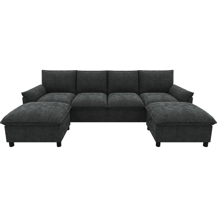 Merax U-förmiges modulares Sofa, bequemes Ecksofa mit Deep-Seat-Design, mit 2 beweglichen Fußhockern, hohe Rückenlehne, Chenille, Schwarz, B264.5/D142.5/H84 – Bild 8