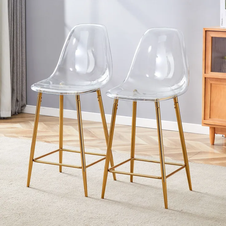Transparente Barhocker Set, 2er Pack, mit Metallgestell in Silber/Gold/Schwarz, Moderne Design-Stühle für Küche, Bar oder Esszimmer (Nur Stühle, ohne Tisch)--Gold2--51x45x102cm--YOUDENOVA