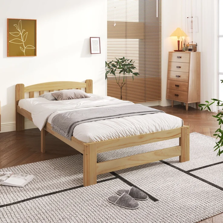 Solide Massivholzbett Futonbett, Einzelbett, Massivholz Natur Bett mit Kopfteil und Lattenroste, Jugendbett, Erwachsenenbett, Natur, 90x200 cm – Bild 2