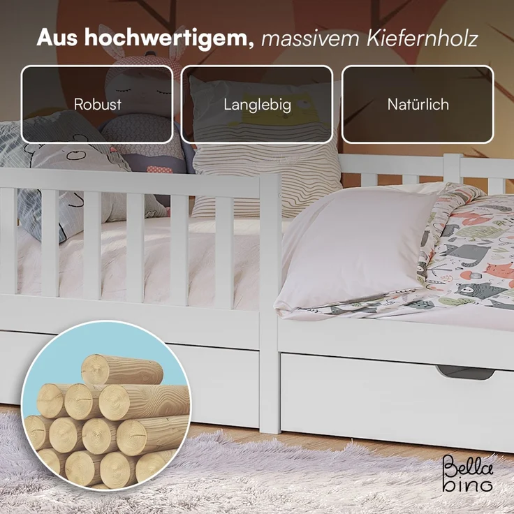 Bellabino 'Vere' Kinderbett 90x200 cm mit 2 Schubladen, weiß, Massivholz Kiefer, Jugendbett mit Rausfallschutz und Lattenrost – Bild 7