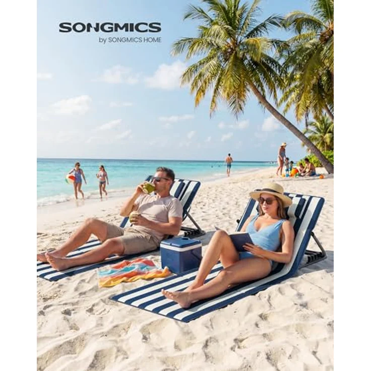 SONGMICS Strandstuhl, 2er Set, Campingstuhl, Sonnenliege, Strandliege, klappbar, verstellbare Rückenlehne, leicht tragbar mit Griff, für Camping, Garten, Pool, 158x55 cm, blau-weiß gestreift – Bild 3