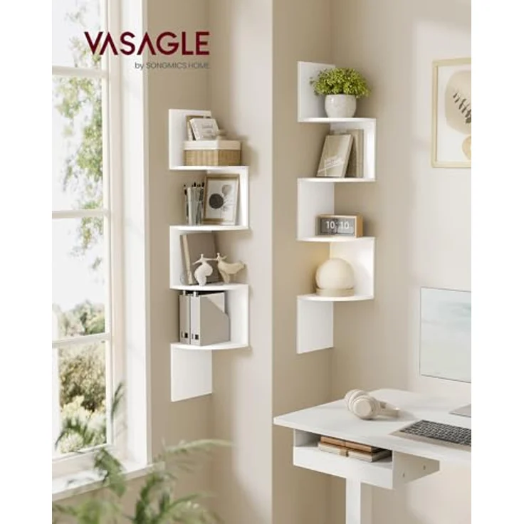 VASAGLE Set mit 2 Eck-Bücherregalen, Eckregalen, Wandregale mit 4 Ebenen, im Schlafzimmer, Wohnzimmer, Bad, Arbeitszimmer, Pflanzenregal, Wolkenweiß LBC704WB01 – Bild 2