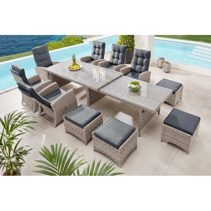 KONIFERA Garten-Essgruppe Monaco, (Set, 27-tlg, 6x Sessel, 4x Hocker, 1x AZ-Tisch 200-366x100x75,5 cm, inkl. Auflagen), für 10 Personen Aluminium, Polyrattan, Rückenlehne verstellbar