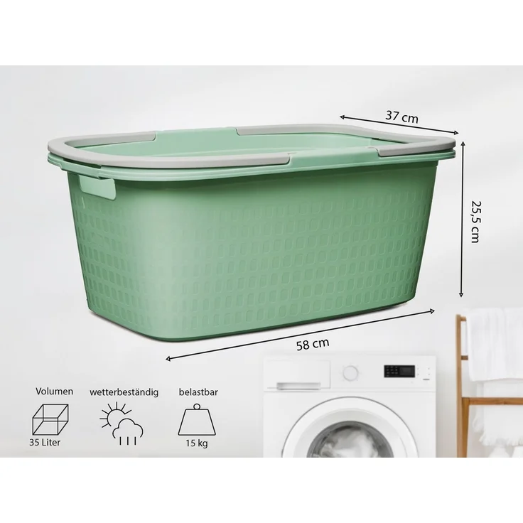 Hausfelder Wäschekorb Wäschewanne 58 x 37 x 25 cm (Jadegrün, 2 Wannen, 35 l) (Set, 2 St, 2 x Wäschewannen), mit klappbaren Henkeln, mit Griffen, 35 Liter – Bild 3