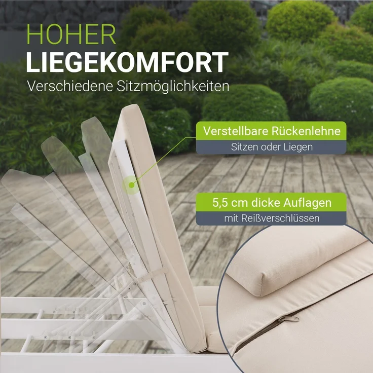 Juskys Doppel Loungebett Kreta - Gartenliege für 2 Personen - Dach & Rückenlehne verstellbar - Sonnenliege für Terrasse, Garten & Balkon - Liege Weiß – Bild 5