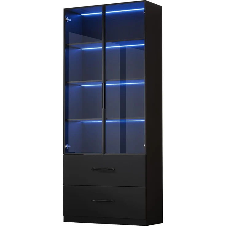 ZUBALIYA LED-Vitrine 60×40×160 cm - Glasvitrine, Bücherregal und Multifunktionsschrank mit Beleuchtung und Schubladen, mit Aluminiumrahmen, Hartglastüren und sanft schließenden Scharnieren, mehrfarbige LED – Bild 12