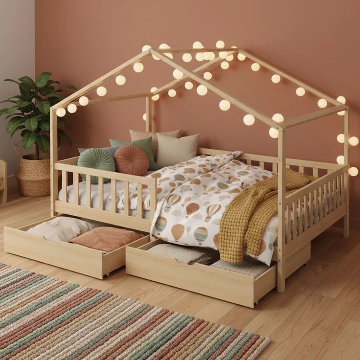 Bellabino 'Bia' Hausbett 140x200 cm mit 2 Schubladen, natur, Kiefer Massivholz, Montessori Kinderbett mit Stauraum, inkl. Rausfallschutz und Lattenrost – Bild 1