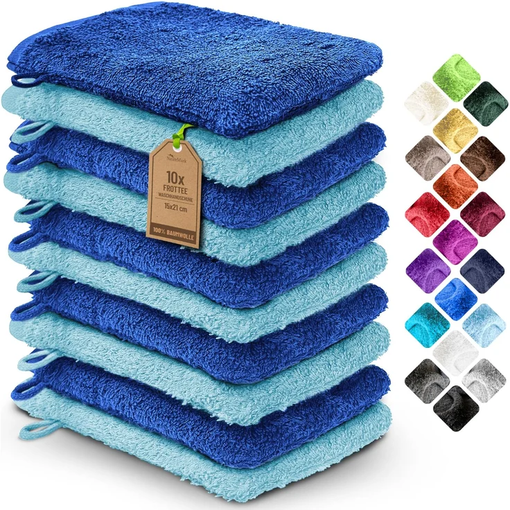 NatureMark 10x Waschhandschuhe aus Frottee 100% Baumwolle – Weich und Robust, Ideal für die tägliche Pflege und Gäste – Royal/Hellblau, 15x21 cm