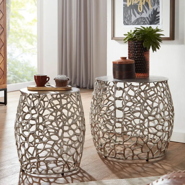 Beistelltisch 2er Set Aluminium Design Satztisch Metall Rund | Wohnzimmertisch Couchtisch Ast-Struktur Modern | Sofatisch 2-teilig Wohnzimmer