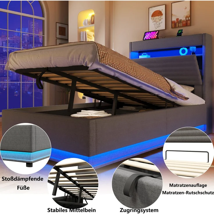 Polsterbett mit LED-Streifen, Stauraum, Schrank, USB und Type-C, 90x200 cm, gepolsterter Kopfteil mit Schrank, Einzelbett, Stauraumbett, Leinen – Bild 5