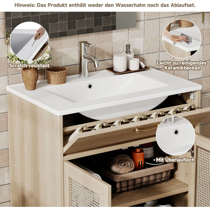 Freistehender Badwaschtisch 76 x 46 x 88 cm aus MDF mit Keramikbecken und Rattan-Geflecht – Bild 5