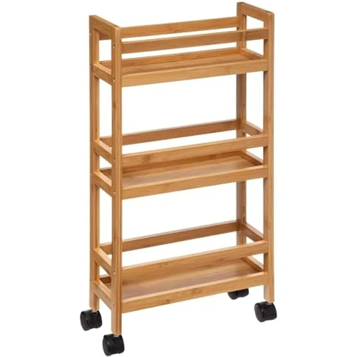 Well Home - Beistellwagen aus Bambus mit Rädern, 36 x 15 x 74,5 cm, 3 Ebenen, ideal für Küche, Bad und Büro, platzsparend
