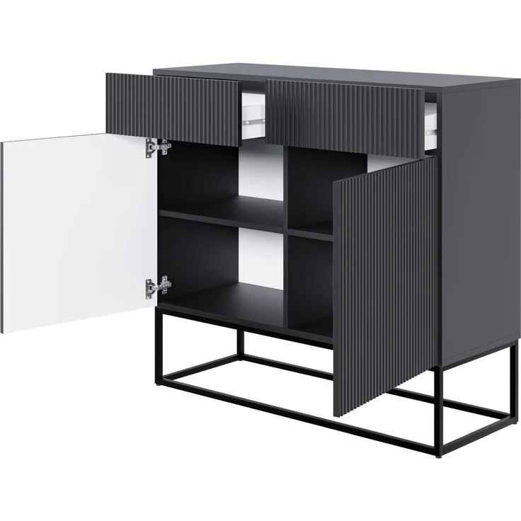 Selsey 'Veldio' Sideboard 2-türig mit Schubladen, schwarz mit Metallgestell, ca. 90 x 100 x 38 cm – Bild 4