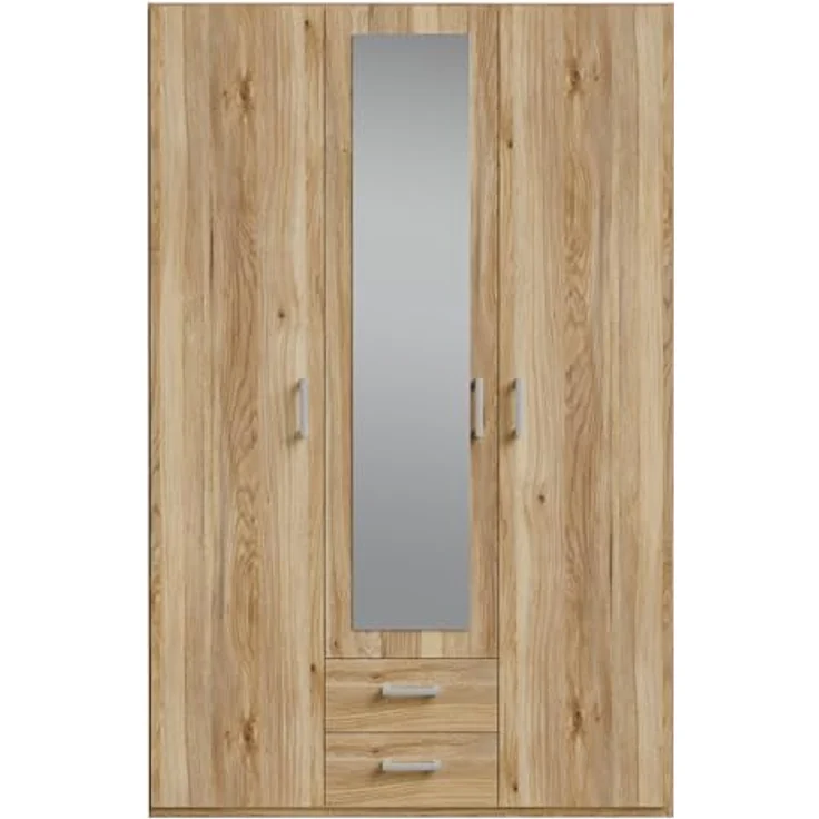 Forte ECONOBOX 2 Kleiderschrank 130 135, 3-türiger Drehtürenschrank mit Spiegel und 2 Schubladen, Holzwerkstoff, Mauvella Eiche Dekor, 133,2 cm breit, 210,5 cm hoch, 54,2 cm tief – Bild 4