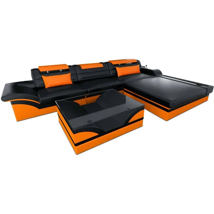 Mini Designer Ledersofa Parma L-Form - Kunstleder - Schwarz-Orange - Rechts