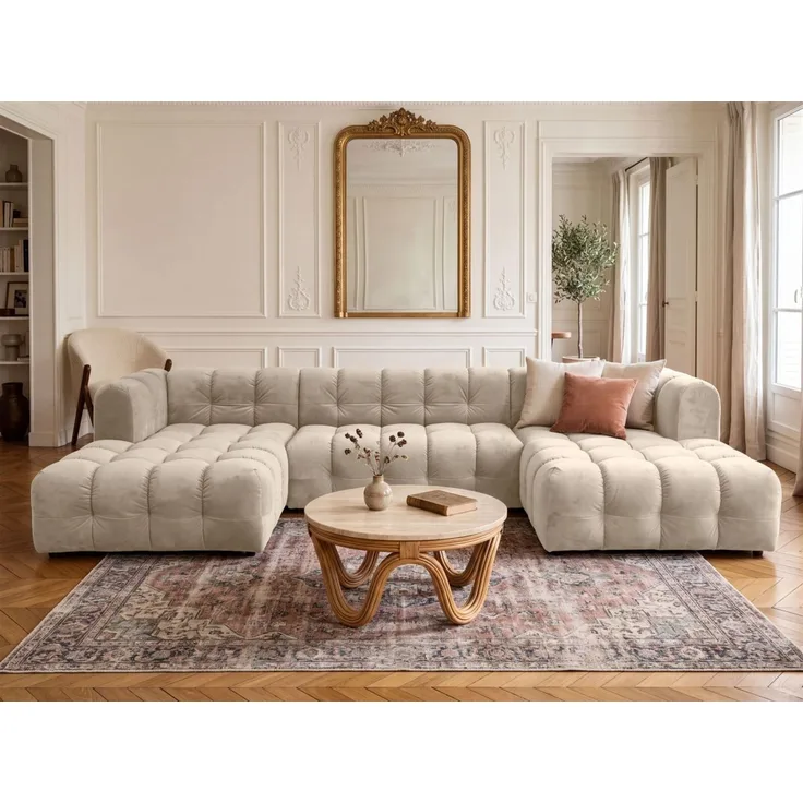 Wohnlandschaft Sofa U-Form SOLVIE in Stoff Tiffani Beige