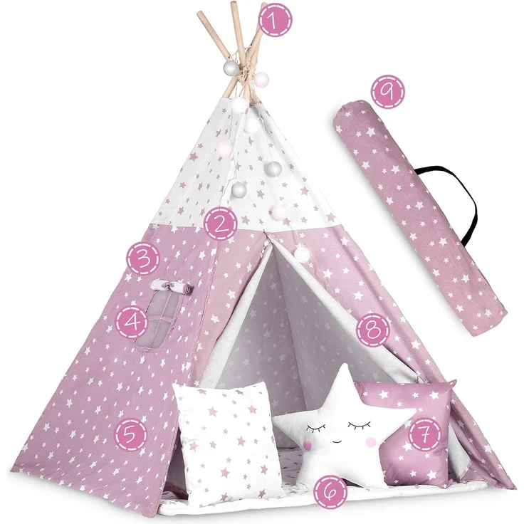 NUKIDO Kindertipi im Montessori-Stil Baumwolle und Holzrahmen mit Isoliermatte 3 Kissen Girlande Luftig 120 x 120 x 165 cm Rosa mit Sternen – Bild 3
