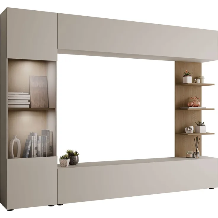 Wohnwand Lazando, mit weißer LED Beleuchtung, Farbe: Cashmere + Cremona Eiche