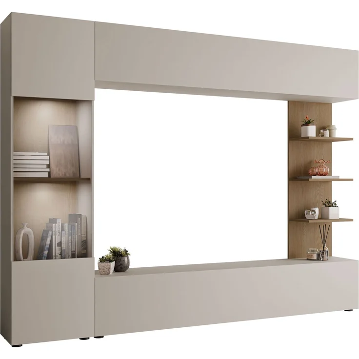 Wohnwand Lazando, mit weißer LED Beleuchtung, Farbe: Cashmere + Cremona Eiche – Bild 1