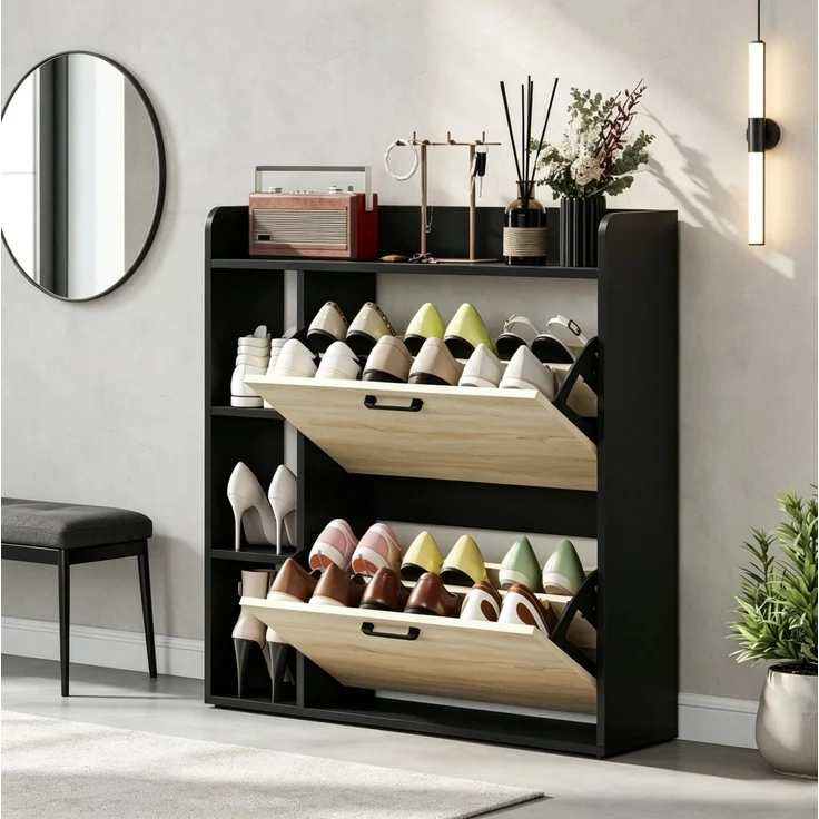DESVIAE Garderobenschrank für Schuhe Schwarz/Naturholz aus Partikelplatte – 83x90,5x24 cm – 2 Kippschränke – Bild 3